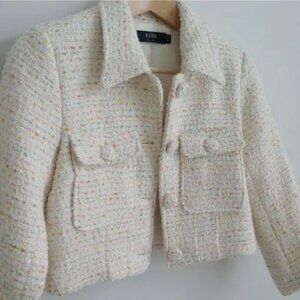 Simons short cropped wool blend tweed jacket ivory cream pink orange Sma…